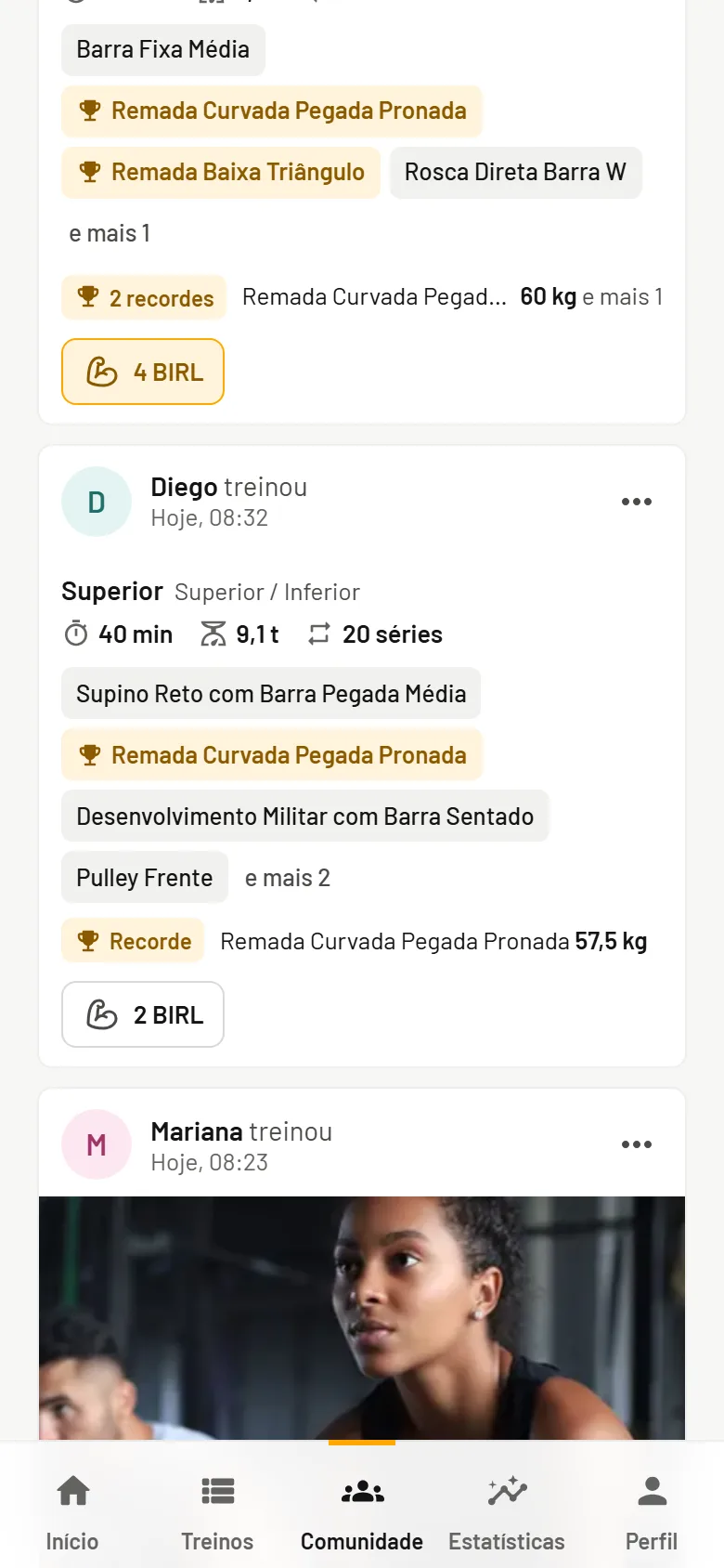 Treinos no feed com os recordes do dia e o botão BIRL