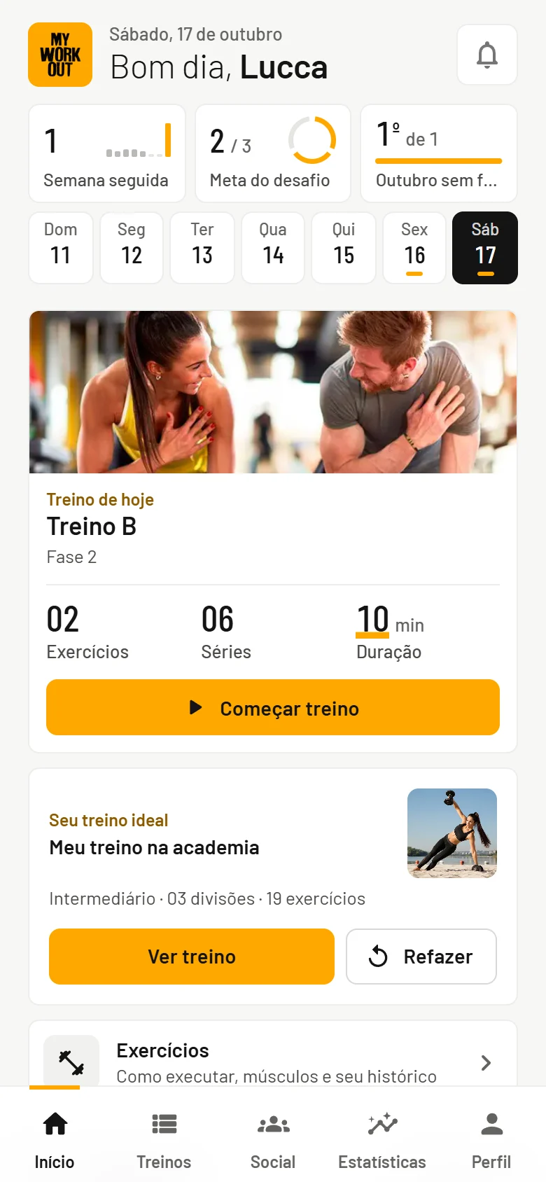 Tela inicial do app com a semana de treinos e o treino de hoje